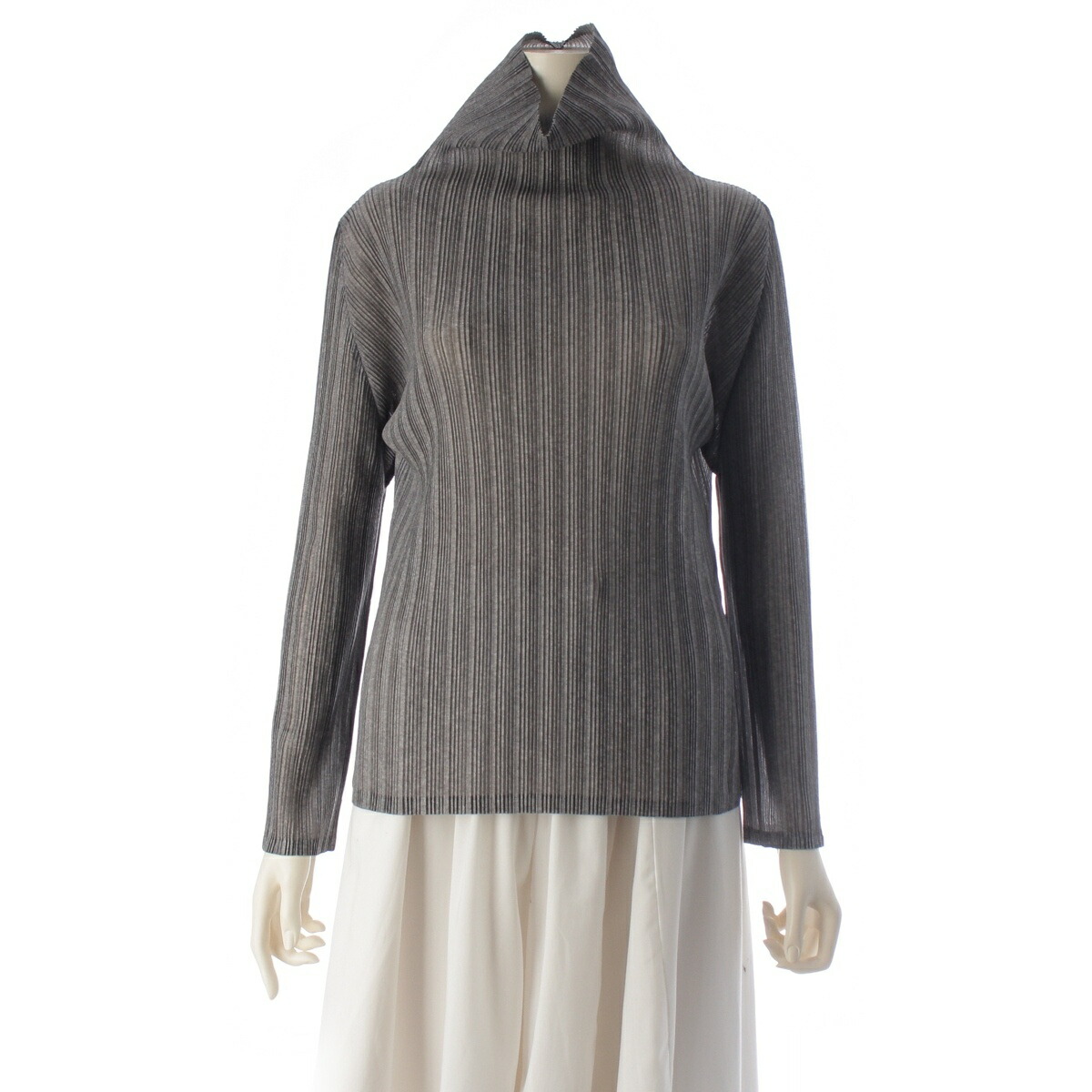 筋目プリーズ イッセイミヤケ PLEATS PLEASE ISSEY  ポリエステル RIB PLEATES BASICSリブプリーツ ハイネック トップス PP05FK114 薄墨色 3【中古】【定め事品引きうける】