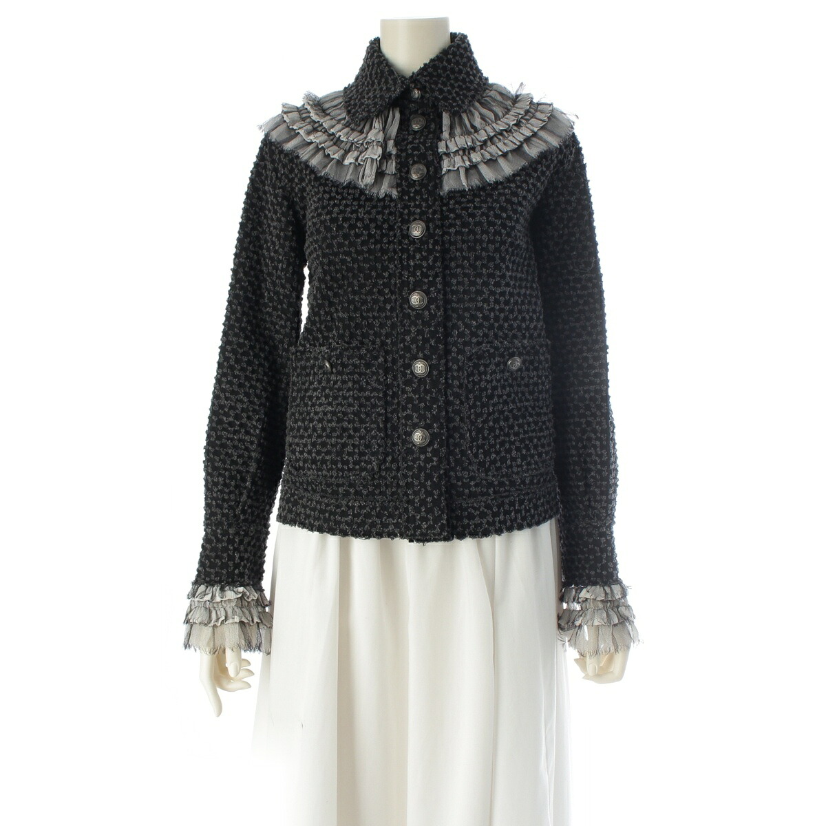 シャネル CHANEL ココボタン フラウンス刈り込み カットジャガード テーラードジャケット P46652 黒いこと うす暗い薄墨色系 34【中古】【置き目品引き受ける】