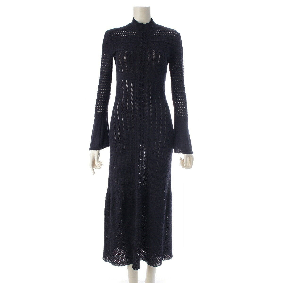 マメ クロゴウチ Mame Kurogouchi 23AW レース ニット ロング ドレス ワンピース 長袖 MM23PF-KN727 ネイビー 1【中古】【正規品保証】｜retro