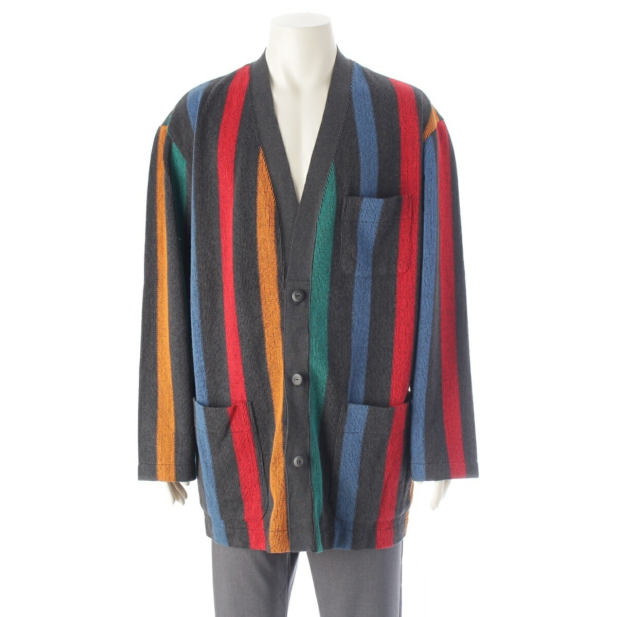 イッセイミヤケ ISSEY MIYAKE 筆引き舟 80s 1986 パイル マルチ縞模様 編み物 ジレー うす暗い薄墨色 マルチ色合い XL【中古】【置き目品引き受ける】