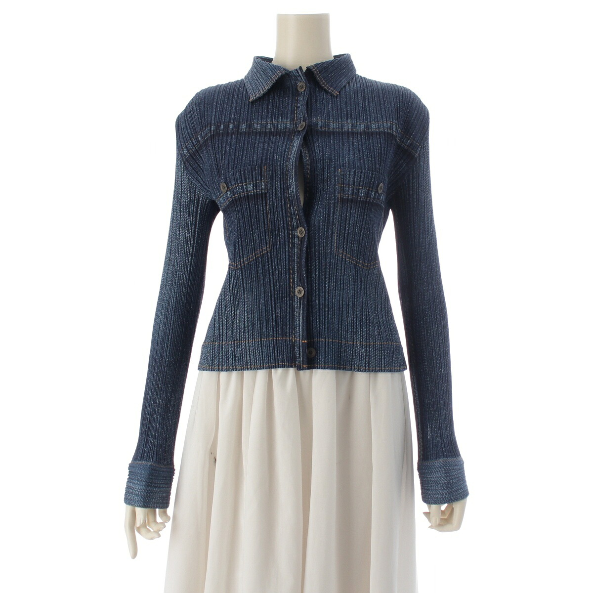 プリーツプリーズ イッセイミヤケ PLEATS PLEASE ISSEY デニム転写 ロングスリーブ シャツ ブラウス トップス PP23-JD921 インディゴ 4【中古】【正規品保証】｜retro