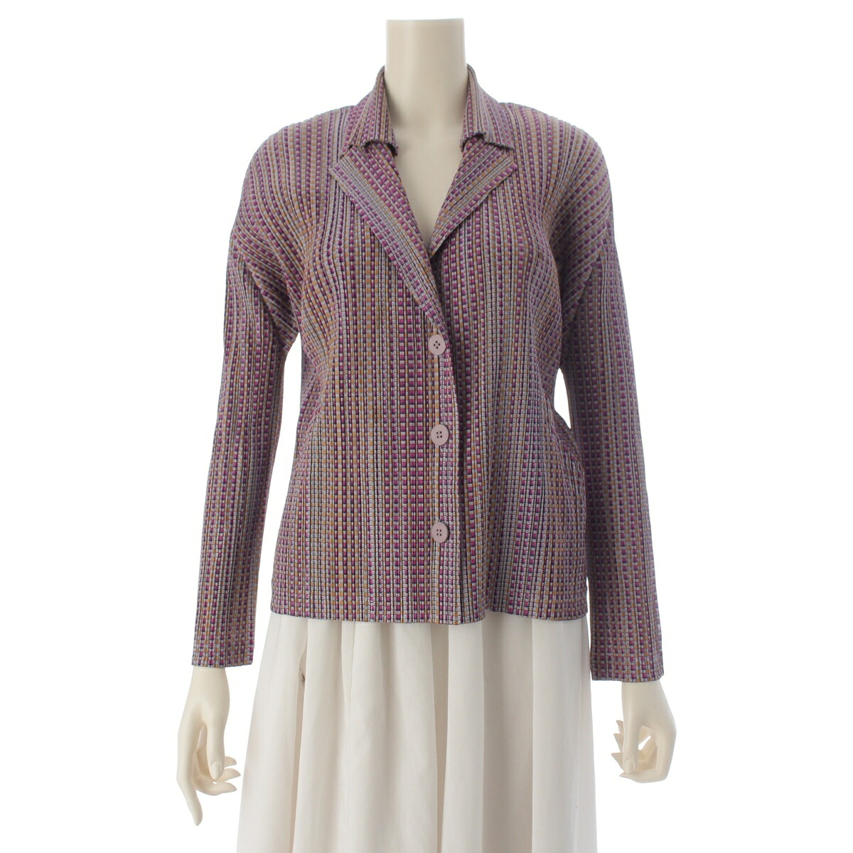 プリーツプリーズ イッセイミヤケ PLEATS PLEASE ISSEY 3B テーラードジャケット PP21-JD573 ピンク&times;グレー マルチカラー 3【中古】【正規品保証】｜retro