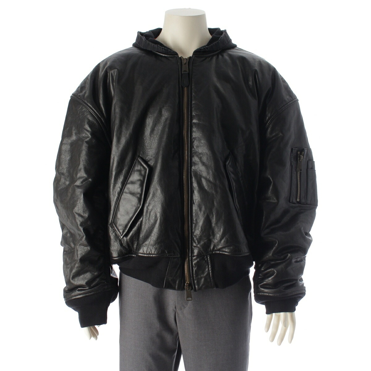バレンシアガ BALENCIAGA レザー コットン オーバーサイズ フーデッド ダメージ加工 ブルゾン 750953 ブラック XXS【中古】【正規品保証】｜retro