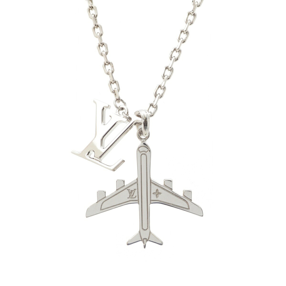 ルイヴィトン LOUIS VUITTON モノグラム LVプレーン ペンダント チェーン ネックレス ロゴ 飛行機モチーフ MP3157 GPシルバー【中古】【正規品保証】｜retro