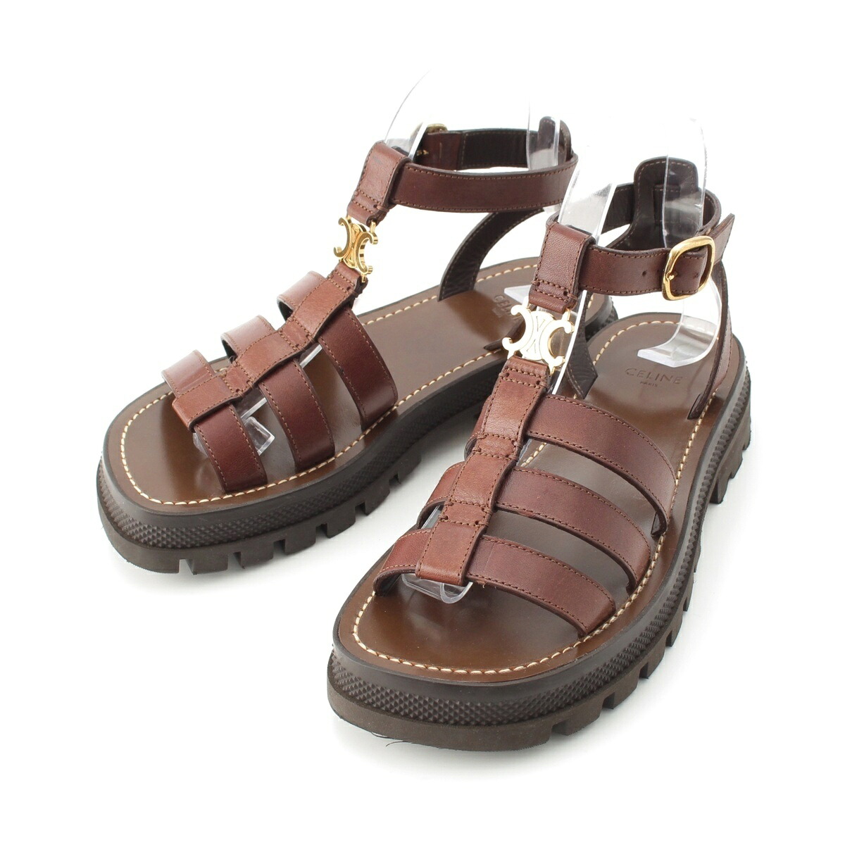 セリーヌ CELINE トリオンフ レザー クレア グラディエーター サンダル 778Q 2P625 38NO ダークブラウン 36【中古】【正規品保証】|retro