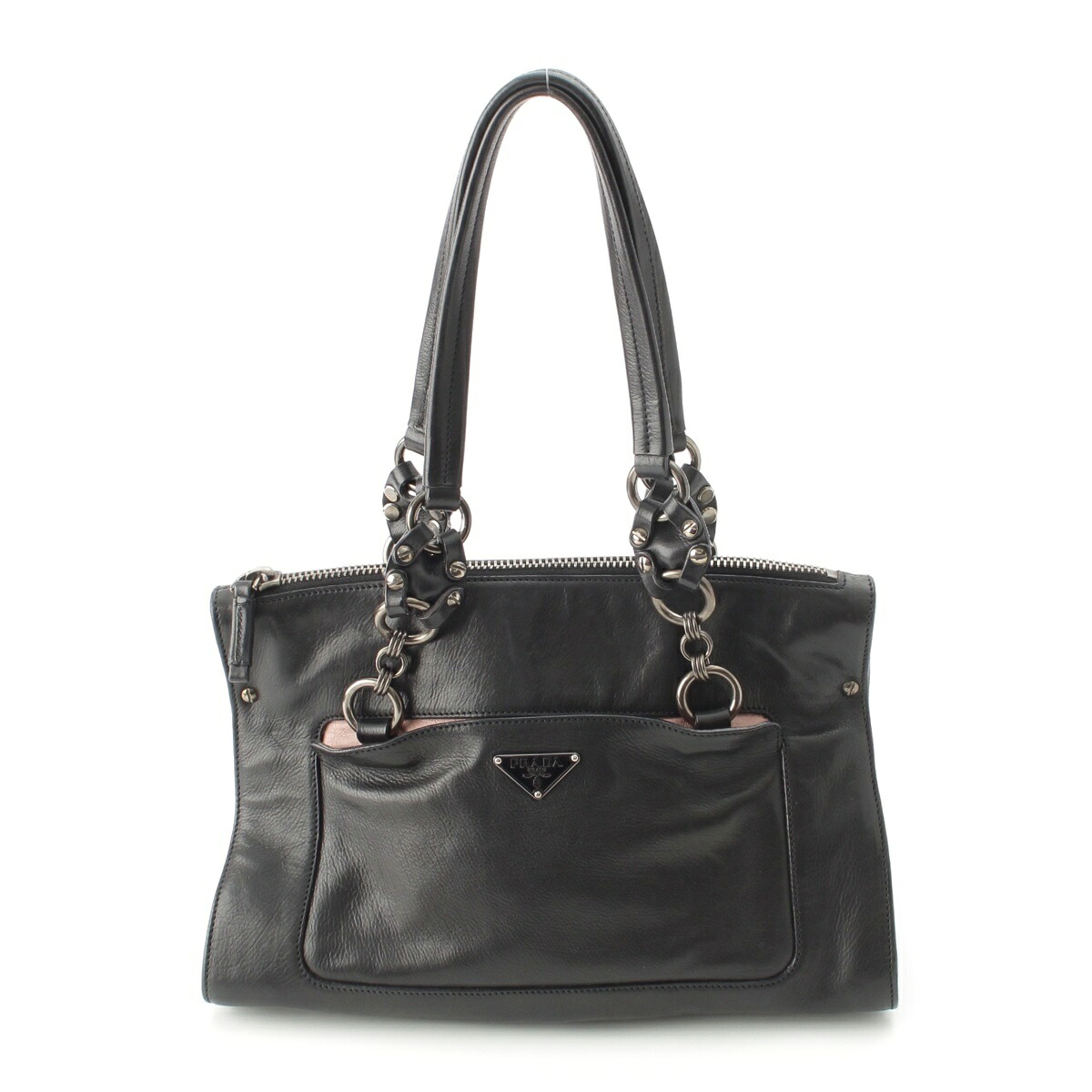 プラダ PRADA レザー トライアングルロゴ ハンドバッグ BR2794 ブラック&times;ピンク【中古】【正規品保証】｜retro