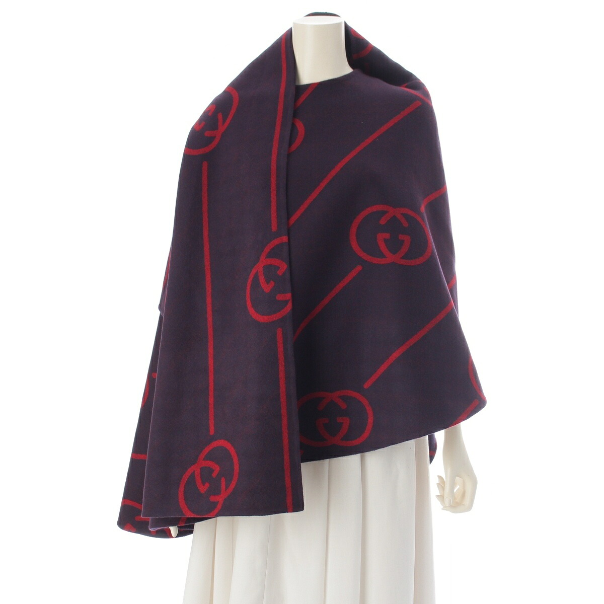 グッチ GUCCI インターロックG ウール シルク チェック ポンチョ ケープ トップス コート 569213 パープル レッド 36【中古】【正規品保証】|retro