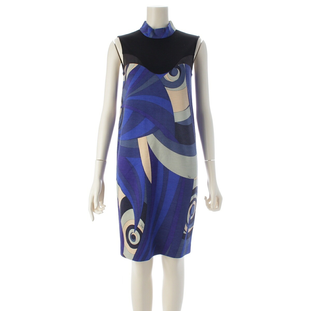 エミリオプッチ Emilio Pucci ウール 切替 ノースリーブ ワンピース ドレス 96RG90 ブラック ブルー マルチカラー 34【中古】【正規品保証】|retro