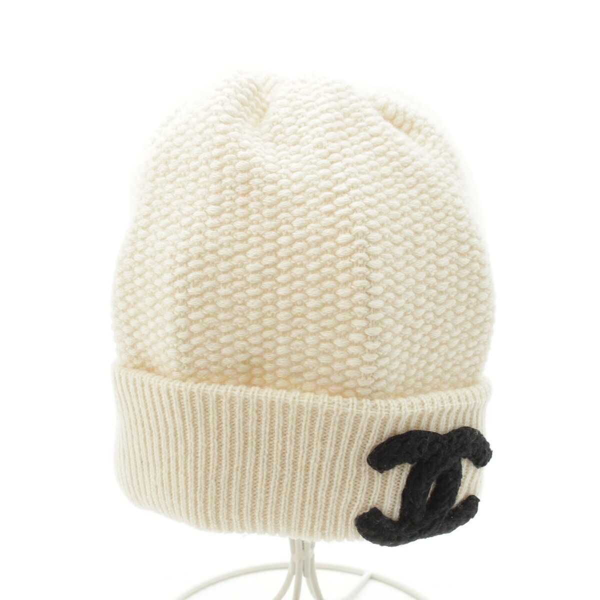 シャネル CHANEL ココマーク カシミヤ ニットキャップ 帽子 ホワイト ブラック【中古】【正規品保証】｜retro