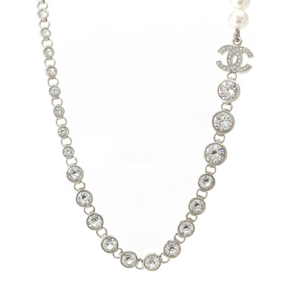 シャネル CHANEL B24 V パール ラインストーン ネックレス ABA625 シルバー【中古】【正規品保証】|retro
