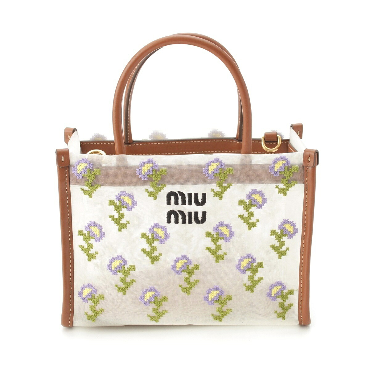 ミュウミュウ MIUMIU 26SS 透かし編み シアー フラワー ミニ トートバッグ ポーチ付き ホワイト コニャック ブラウン【中古】【正規品保証】｜retro