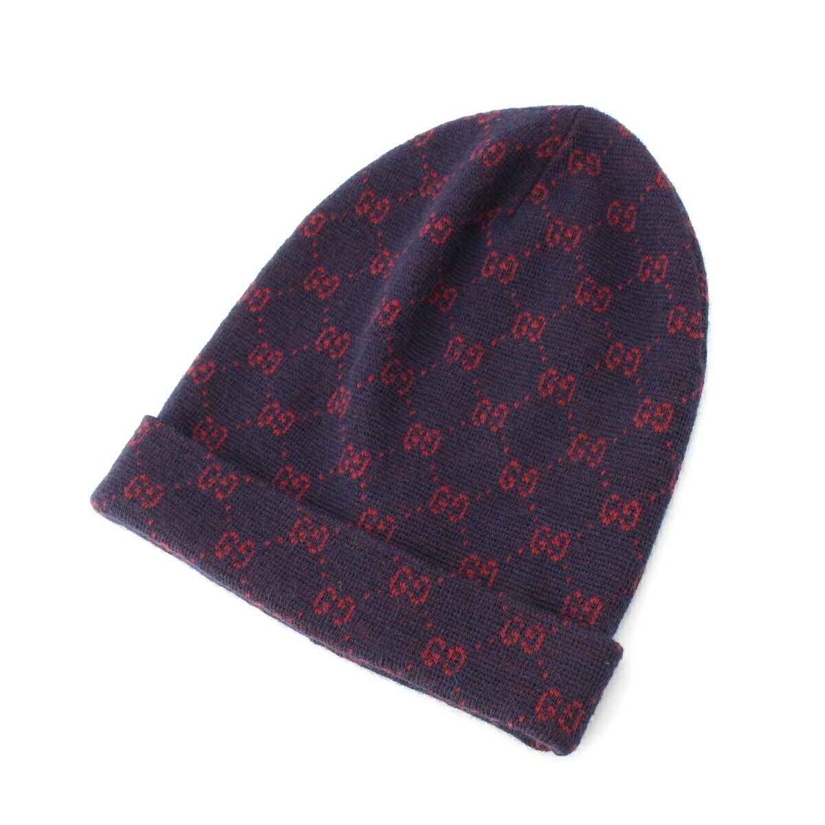 グッチ GUCCI アルパカ ウール GG柄 ニットキャップ ビーニー 帽子 534812 ネイビー レッド L 59【中古】【正規品保証】|retro