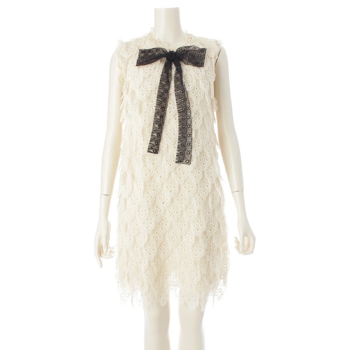 クロエ Chloe シルク レース リボン ノースリーブ ワンピース 膝丈 17HR024-17H003 アイボリー 34【中古】【正規品保証】|retro