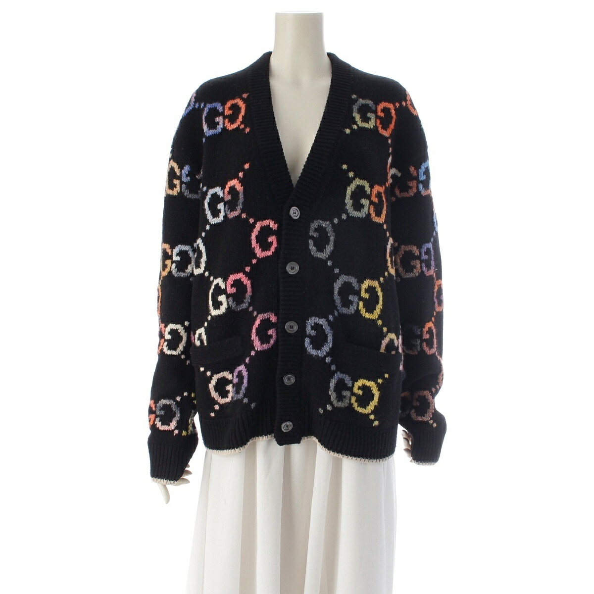 グッチ GUCCI GGジャカード ウール アクリル カーディガン 694776 ブラック マルチカラー M【中古】【正規品保証】｜retro