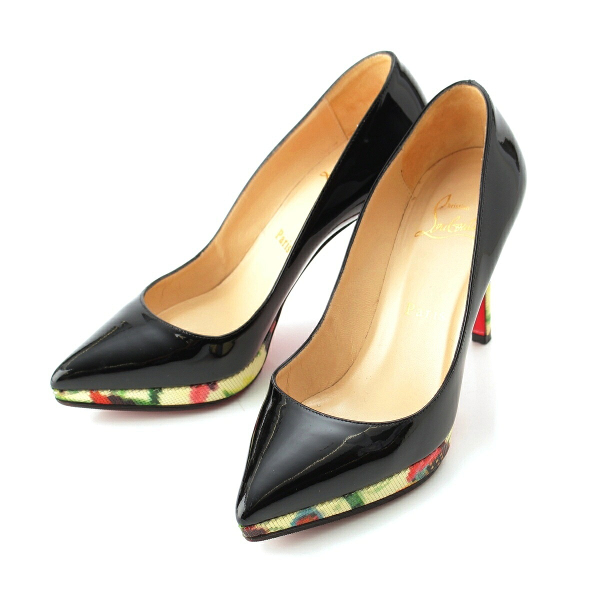 クリスチャンルブタン Christian Louboutin パテントレザー ポインテッドトゥ メッシュ切替 ヒール パンプス ブラック 35 1/2【中古】【正規品保証】|retro