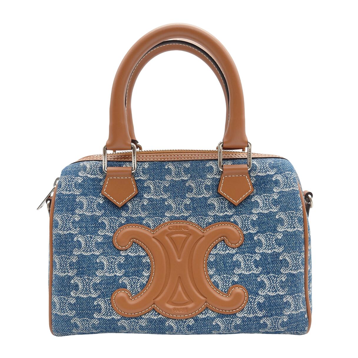 【百貨店SALE ＋ 引き換え証】 セリーヌ CELINE 2WAY トリオンフ ロゴタイプ ハンドバック 肩かけ 肩部 曲がった掛け パウダーコンパクト 晴れ晴れしい 好いたらしいめ 青色 赤銅色 しろがね色 ジーンズ なめし革 11377 2FND 05DS レディース 【中古 AB品】貨物輸送無料