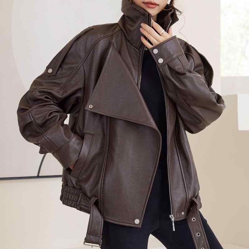 レザージャケット レディース 本革 ラムレザー 高級感 ライダース ビッグシルエット オーバーサイズ ゆったり 欧米スタイル アウター ストリート ファッション トレンド