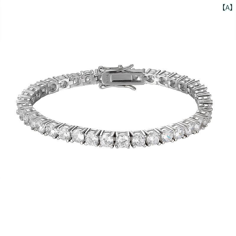 ブレスレット 男女兼用 4mm ジルコニア テニスチェーン ヒップホップ シンプル 上品 カップル ペア 高級感 きらめく 埋め込み 一連 純銀 925シルバー ストリート 普段使い 金属メッキ加工