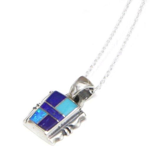 NAVAJO ナバホー族｜インレイネックレス 真四角 (青緑色)(北米インディアン宝飾品 ジェームス・メニゴート)