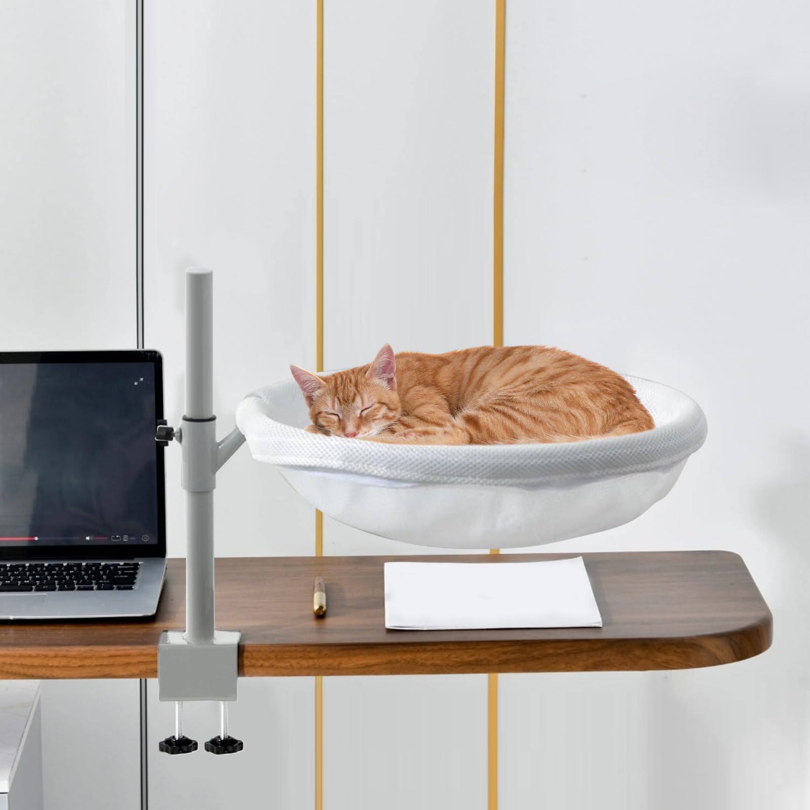 デスクキャットパーチ - アイアンデスクマウントキャットベッド|デスククランプキティベッド、   回転させるする巣の愛玩動物設備は取りはらい能力のあるな洗える覆いかぶせるを備えた、ホームワークデスクトップゲームテーブルの今めかしいなかざり付ける