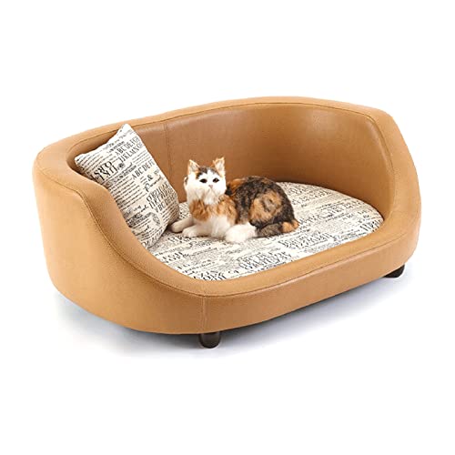 犬用寝台・座蒲団 PUレザーペットソファベッド、モダンラグジュアリーソリッドウッドフレームペットソファベッド、取りはずし能力のあるで洗える、  kg/    重量ポンドの犬に適しています