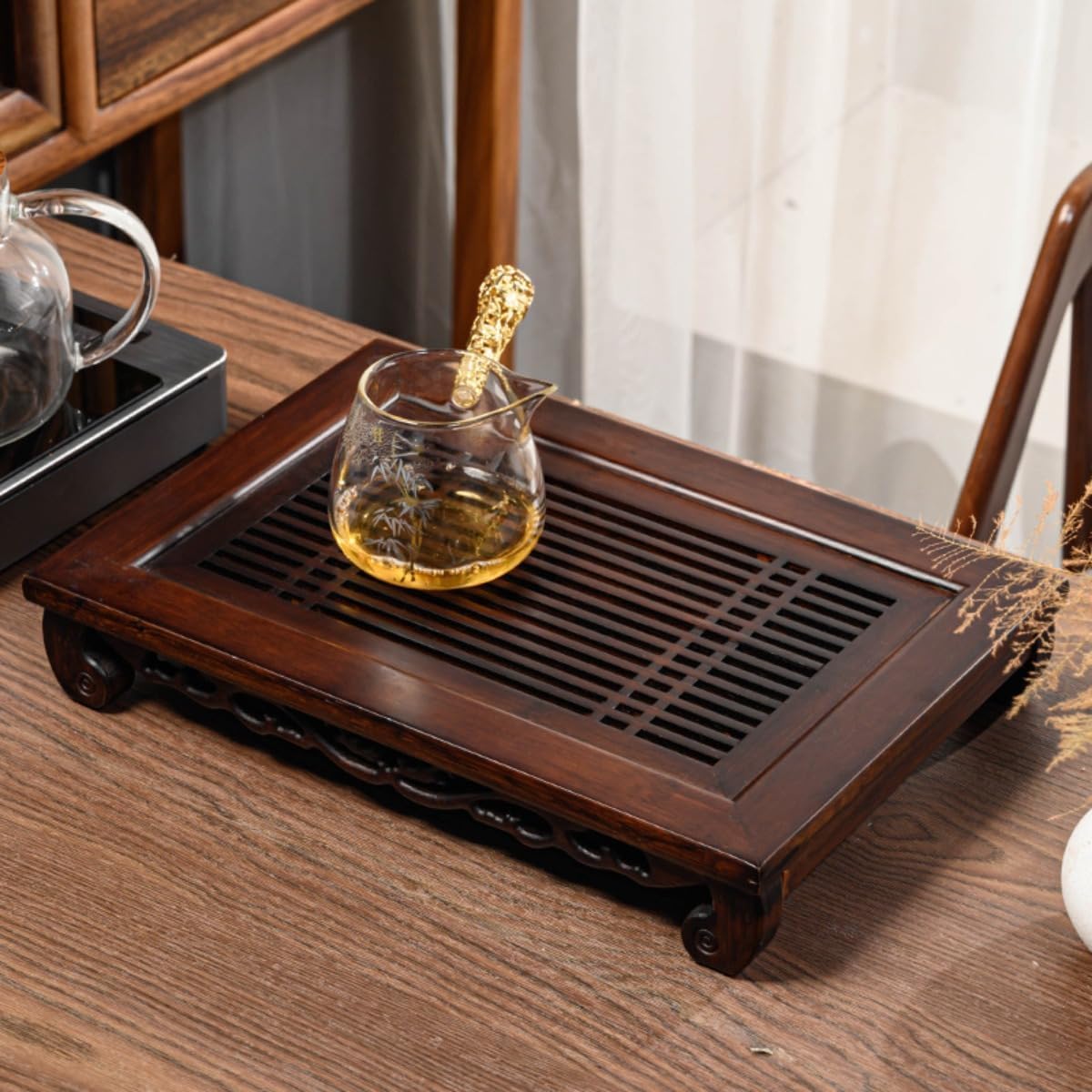 竹製 矩形 茶お盆 茶盆 水抜き付き添い人 茶道具 事務所・身寄り用持っていくお盆 貯水式 茶台 竹の茶皿 茶托 收藏・お客さま用 芸術 差し上げ物 H5 生活雑貨-その他