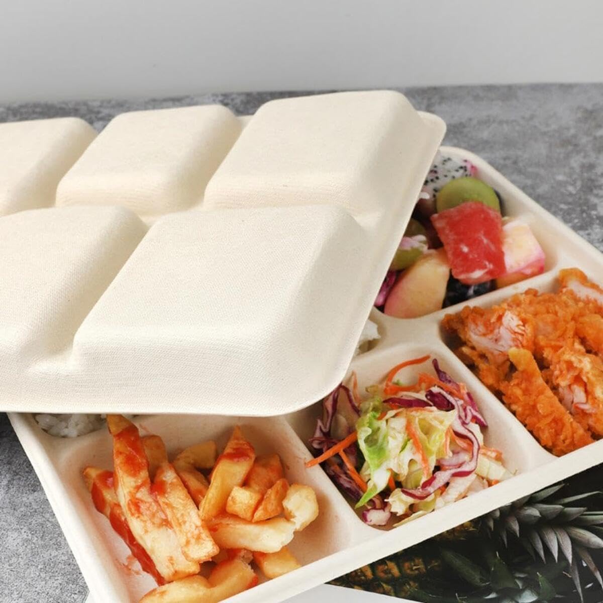 使い捨て食器 環境に優しい分解可能な5つ仕切りの食皿 店内食用の食皿 串の味を防ぐ食器 浅い皿 生分解性で環境に優しい 頑丈な使い捨てサトウキビ紙皿 100個 (木の色)｜レボショップ