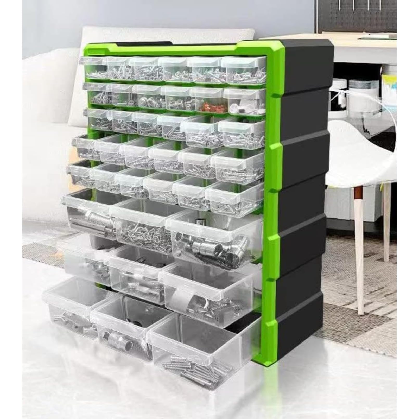 39段 多機能収納ボックス 引き出し式 金具収納 プラスチック製 ネジ 電子部品 工具 DIY 事務用品 小物整理 コンパクト 大容量 ホームセンター 業務用【仕切り調整可能/壁掛け対応】 (A)