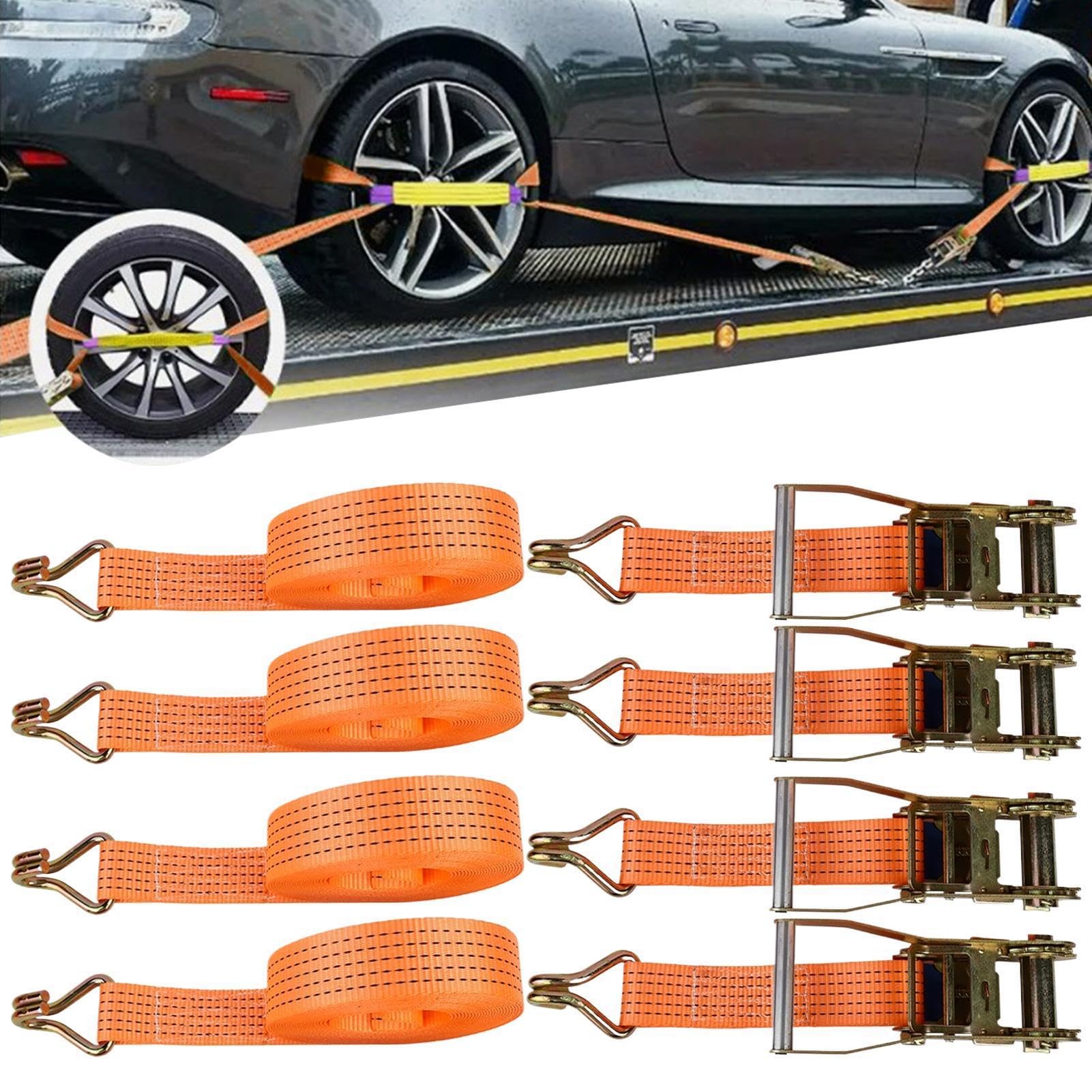 タイヤ ラチェット式 固定ベルト 4本セット ホイールタイダウンストラップ 高強度 荷締めベルト 3m 3.8cm 車両搬送 ??車 レッカー メンテナンス 軽トラ トラック バイク 荷崩れ防止 輸送 牽引 ツール オレンジ|レボショップ