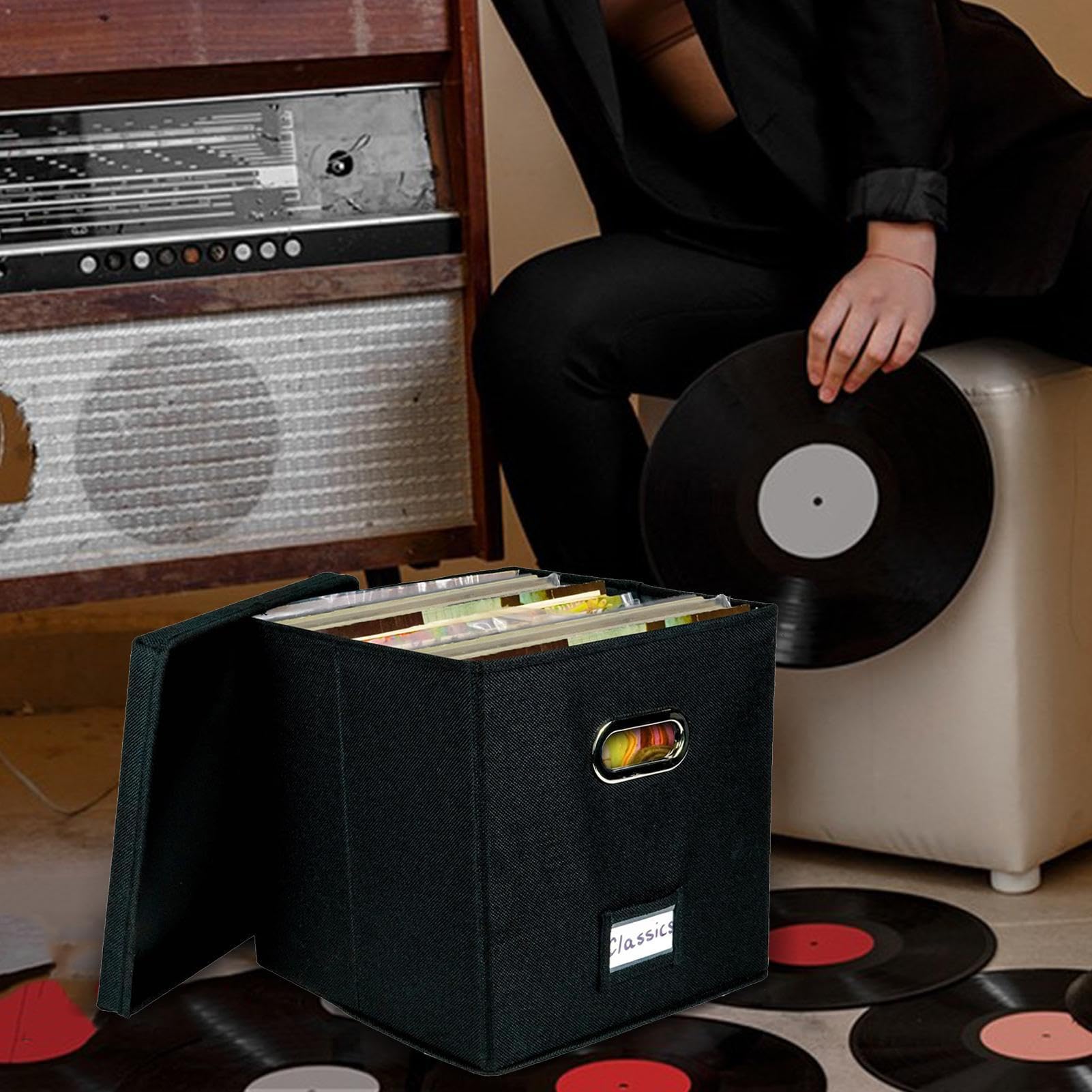 レコード盤納めるボックス席 LP レコード盤入れもの 納める入れもの 12in相応う 蓋付き添い人 手持ち部分付き添い人 今めかしい 折りたたみ式 室内装飾納める 大電気容量 取り片付ける取り並べる 黒いこと