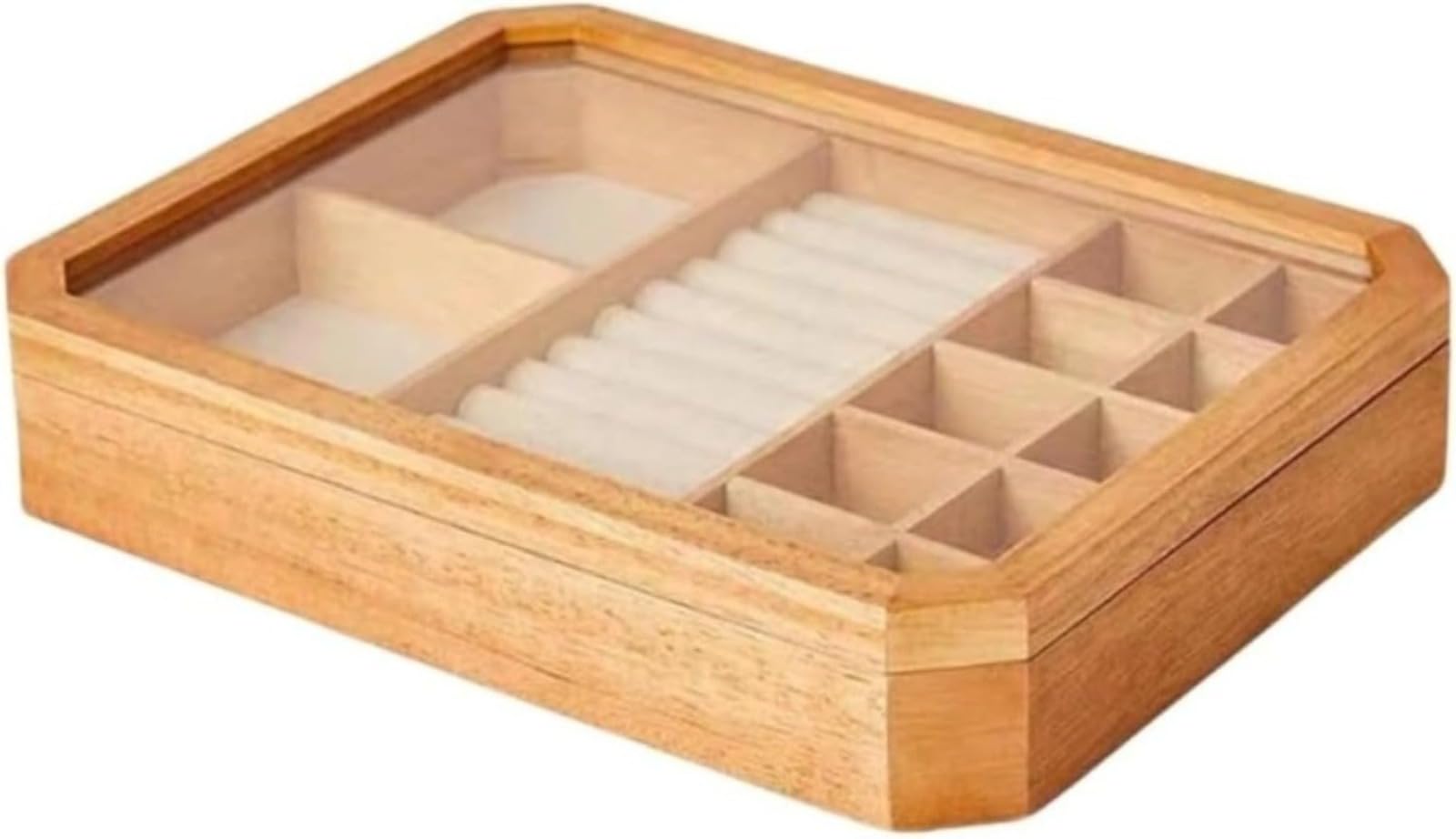 宝飾品ボックス席 木製 佩び物入れもの 納める入れもの 硝子蓋付き添い人 佩び物納める 八角形 今めかしい 卓上納める 小入れもの 指環 ピアス 首飾り ウォッチ 納める ボックス席 取り片付ける 取り並べる オーク材調 生まれながら木風