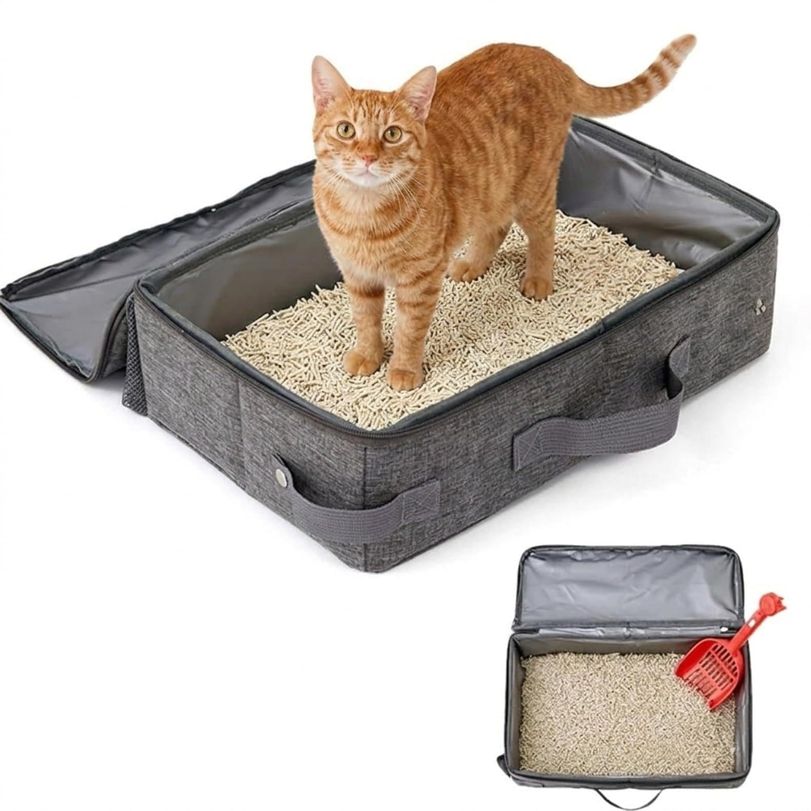 猫用室内用便器 折りたたみ 携帯型 猫砂シャヴェル付き添い人 持ちはこび入れもの型 持ちはこぶ 飾り気の無い室内用便器 飛び散り押しとどめる 撥水産業 車内 不仕合わせ時 旅する備品