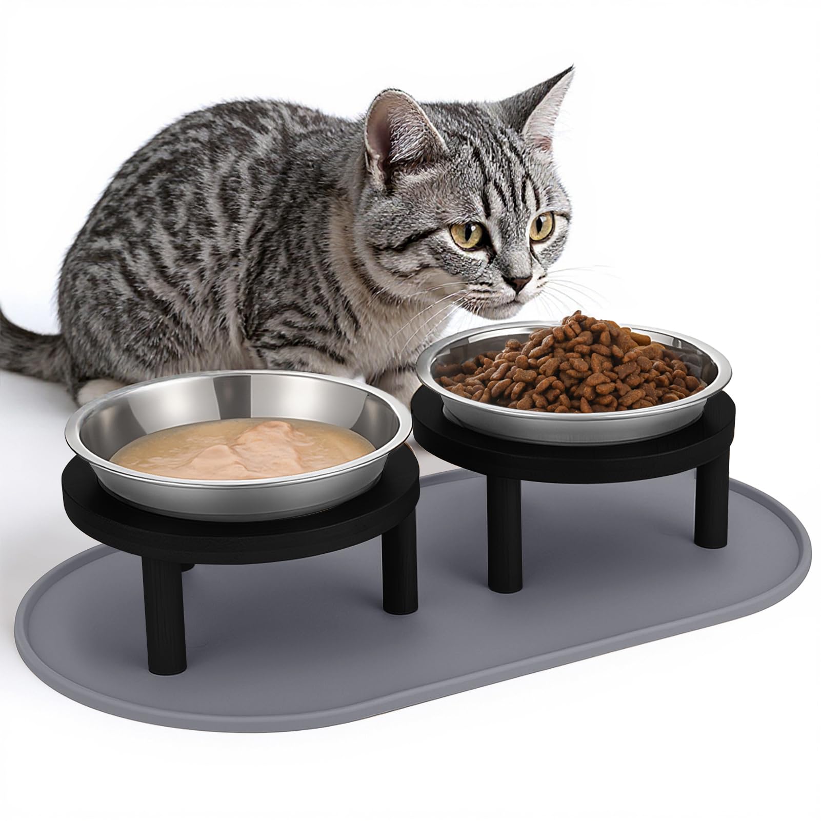 猫用食器 ボンネットどんぶり鉢 2個書き割り 照明ランプ付き添い人 食べ分かりやすい 浅型 ステンレス鋼製 餌皿 水入れ 猫食器台 愛玩動物用 上滑り打ちきり引っ敷き付き添い人 洗い分かりやすい 兼ね合い感 黒いこと