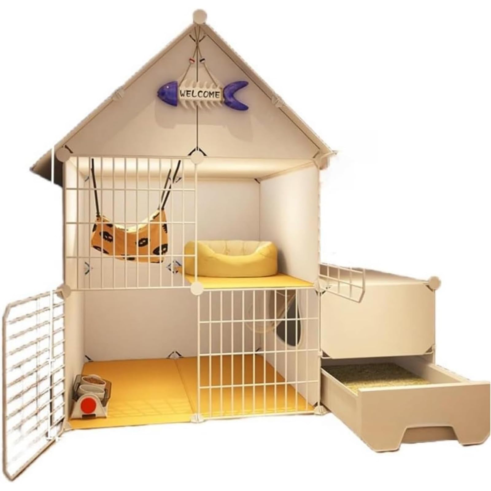 猫 ケージ トイレ付き キャットケージ 多頭飼い 2段 室内飼い おしゃれ 木製風 キャットハウス 猫小屋 収納型 トイレ付きケージ ハンモック付き 111cm&times;39cm&times;109cm｜レボショップ