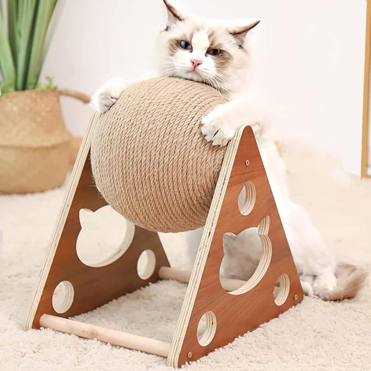 三角 キャットタワー 爪とぎ おもちゃ付き 木製 固定式 省スペース 家具防止 猫 爪研ぎ ペットトイ (：25 * 32 * 34,)｜レボショップ