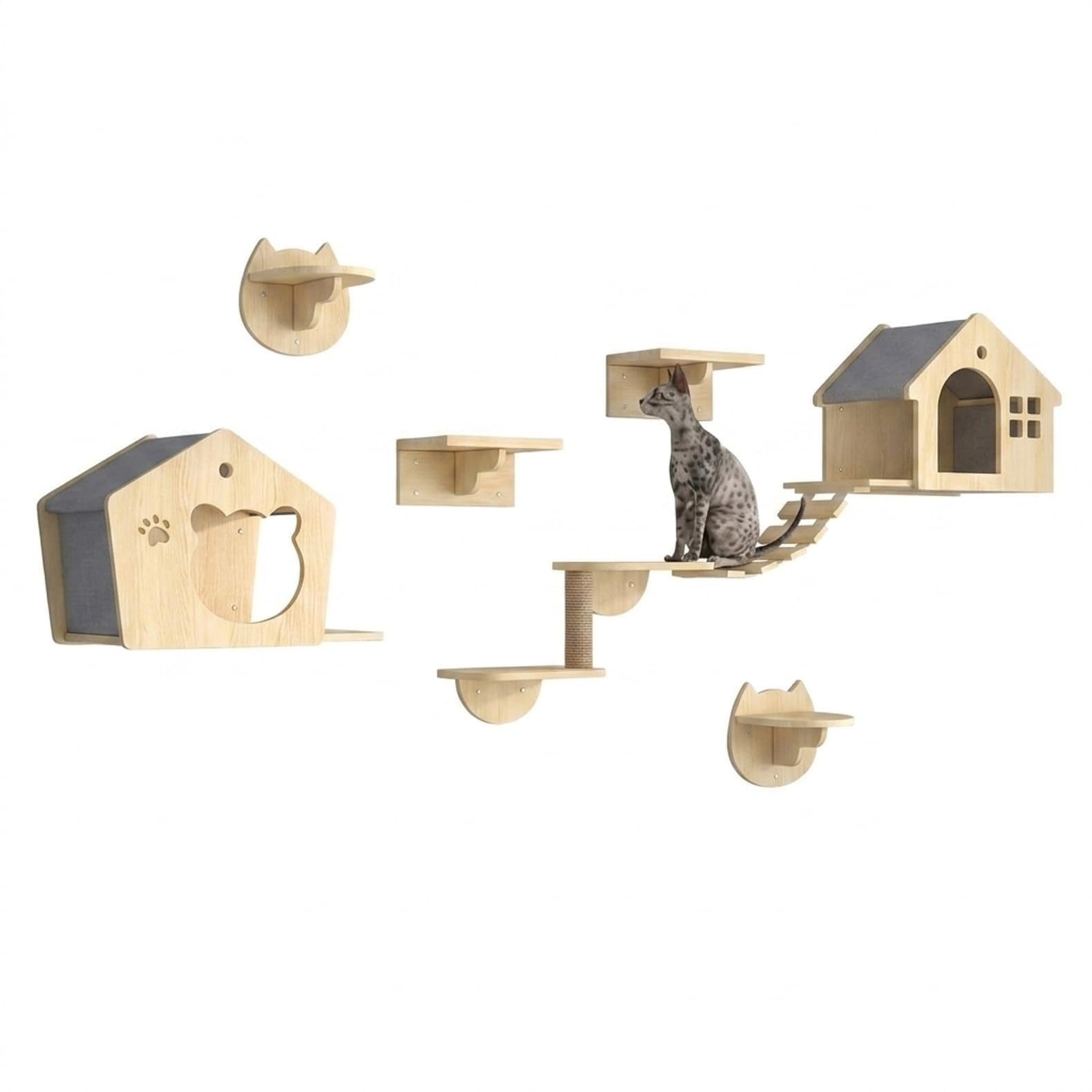 壁用キャットウォーク 壁掛け式木製猫用キャットステップ キャットタワー 猫家具 棚・ハンモック・はしご・吊り橋付き 省スペース 多機能 運動不足解消 ストレス緩和 インテリアに馴染む リビング・寝室用 お手入れ簡単 5点セット (,セット2)｜レボショップ