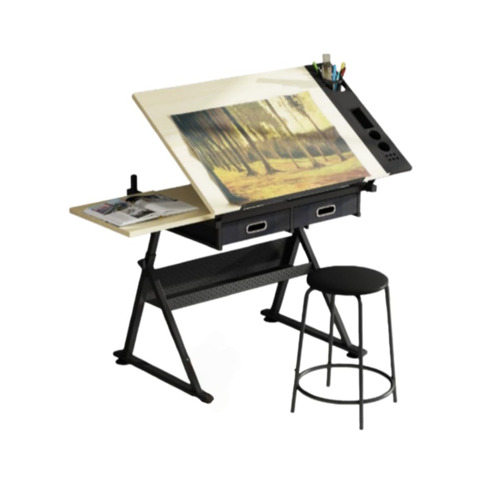 描画、絵画調整可能な描画テーブル製図テー ブル 高さ角度調 整可能 木製天板 頑丈安定設計 引き出しスツール付き 多機能収納 省スペース 簡単組立 アート/デザイン/絵画/読書対応 (お絵かきテーブルと椅子のセット) []｜レボショップ