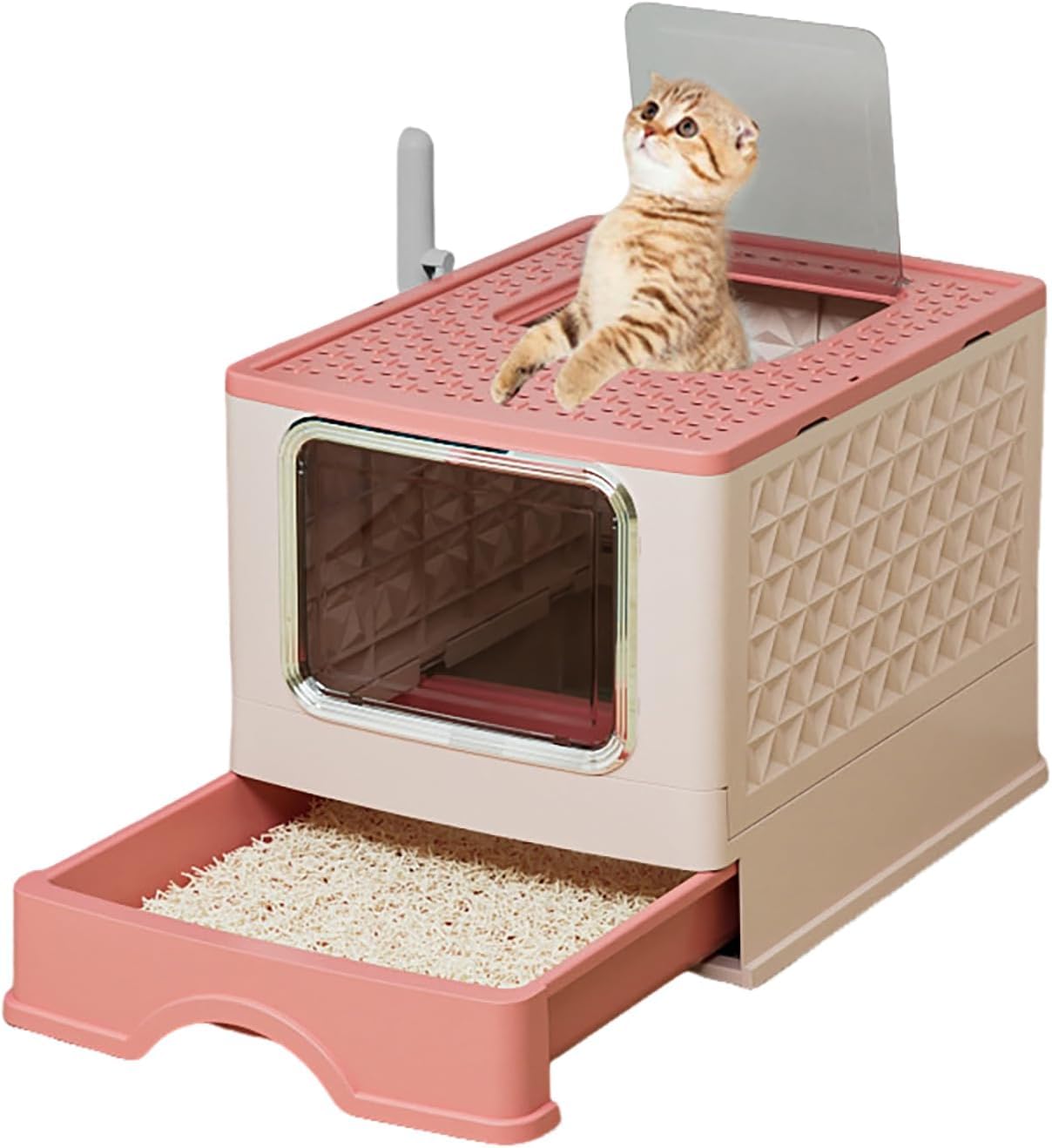 大号 猫トイレ 全封?式 折りたたみ 引き出し式 消臭 猫砂盆 特大 防? ペット用 12.5対応 猫砂スコップ＆消臭パック付き(ピンク)｜レボショップ