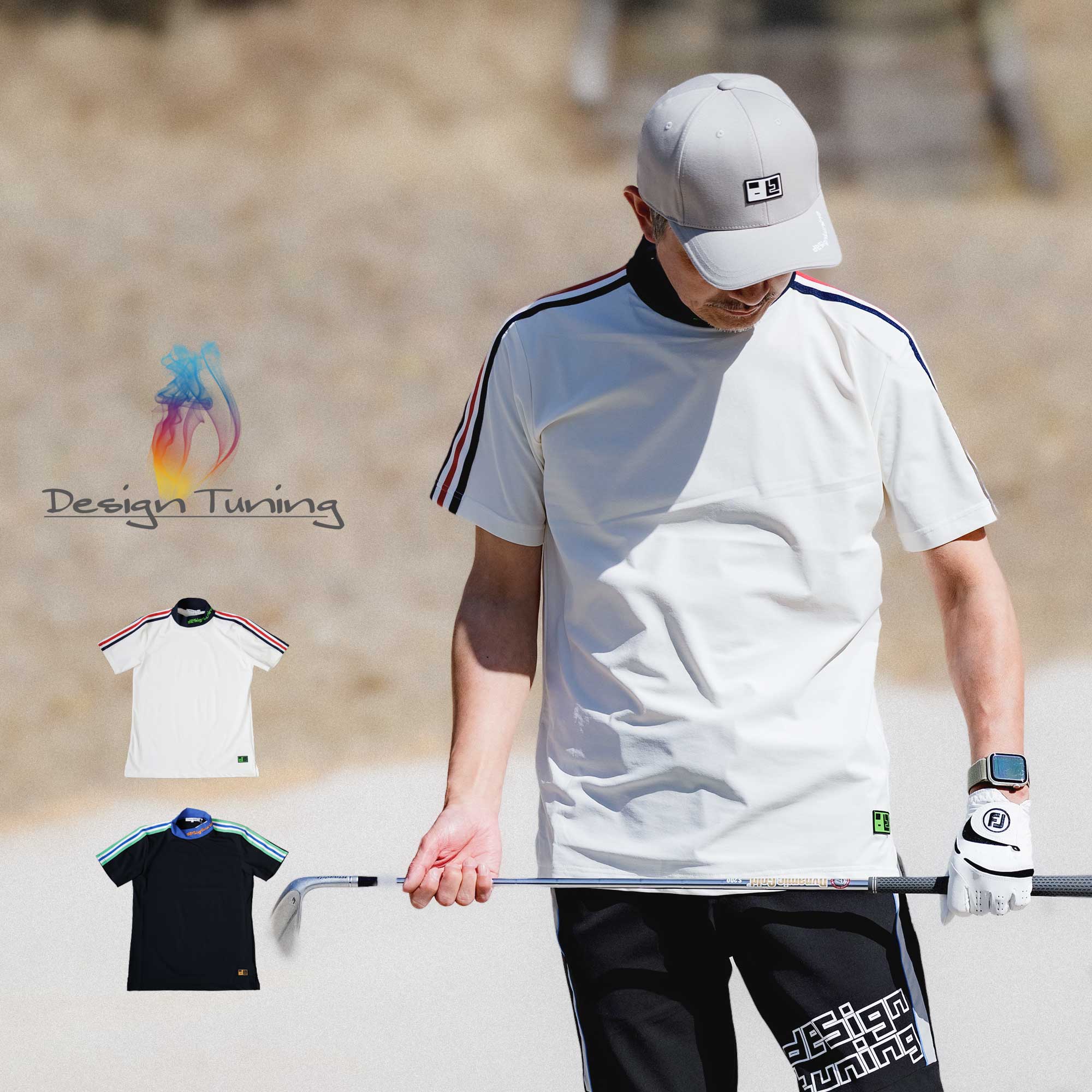 Desing Tuning デザインチューニング モックネック メンズ ゴルフウェア Tシャツ 鹿の子 カノコ カットソー スポーツウェア 吸水速乾 ドライ UVカット ロゴ 薄手 ゴルフ 涼しい 被らない 父の日 プレゼント ギフト 実用的 動きやすい 30代 40代 50代 60代 70代 送料無料
