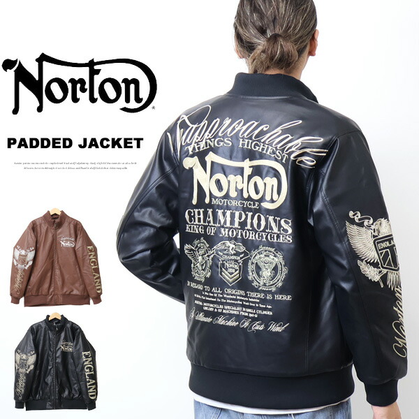 Norton ノートン MAX刺繍デザイン 衿スタンドリブ PU中綿ジャケット メンズ アウター ブルゾン 送料無料 243N1705B