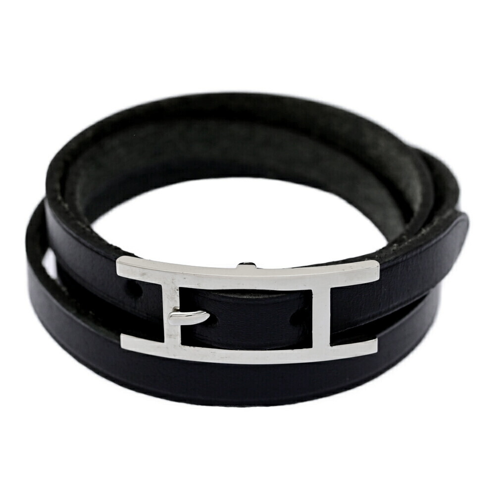 エルメス アピ3 ブレスレット レザー メタル ブラック ユニセックス ブランド HERMES】エルメス アピ3 ロング レザー 黒 ユニセックス