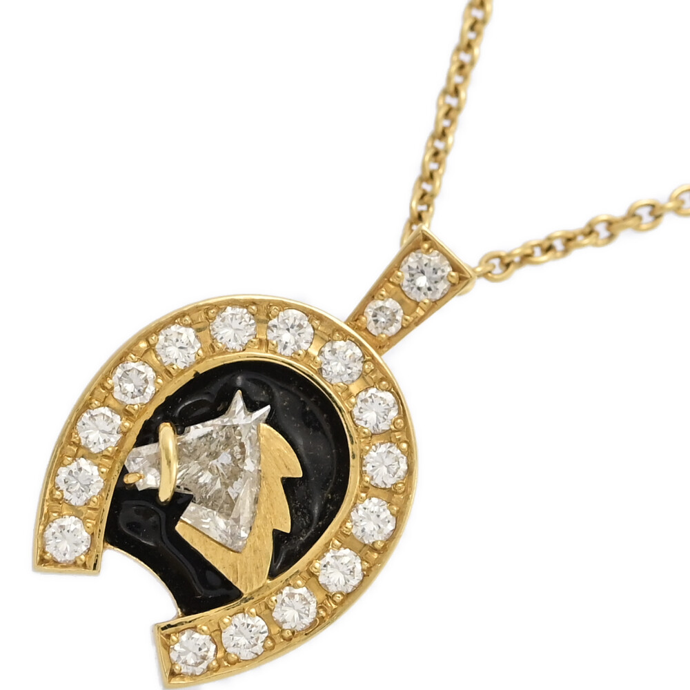美品 0.74ct 0.56ct ホースシュー 馬蹄 ホースモチーフ ダイヤモンド ネックレス ペンダント K18YG/750-8.4g イエローゴールド 【S】【メンズ・レディース】/h260224★■606658【中古】