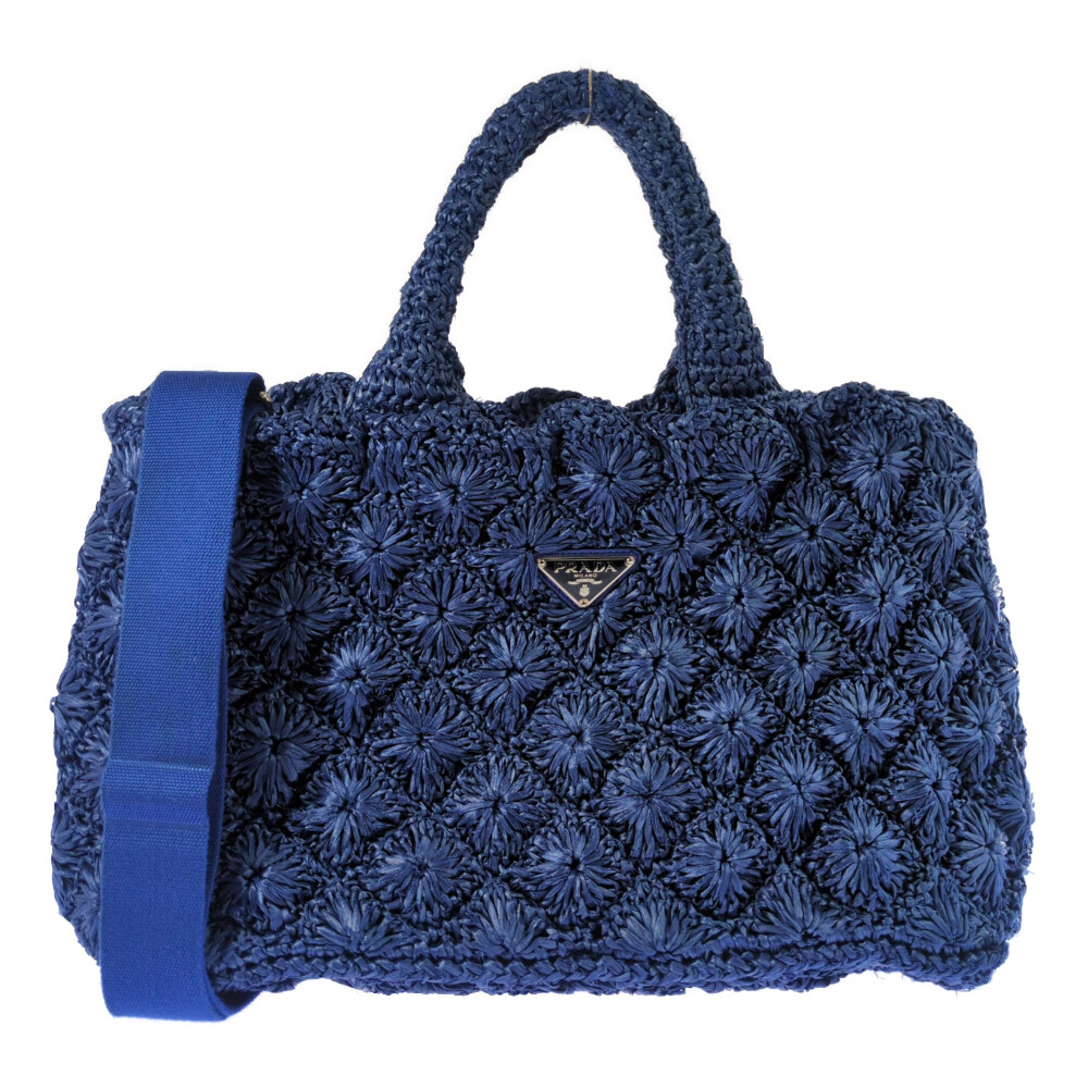 PRADA  プラダ ラフィア クロシェ カナパトート ハンドバック ３角形ロゴタイプ かご御徒面子 BN2888 青色 肩部胴締め 【オール時節】【A】【メンズ・レディース】/b260422★■612445【中古】