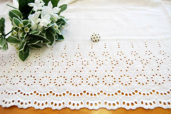 100円スタート！ダブルガーゼ・片スカラップレース　BK×カーキ　4m レース生地 刺繍 生地 布ダブルガーゼ・片スカラップ