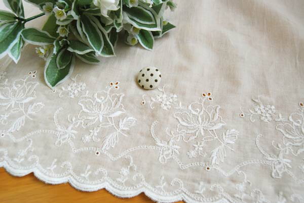 100円スタート！ダブルガーゼ・片スカラップレース　BK×カーキ　4m レース生地 刺繍 生地 布ダブルガーゼ・片スカラップ