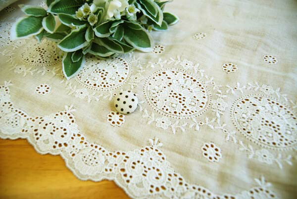 100円スタート！ダブルガーゼ・片スカラップレース　BK×カーキ　4m レース生地 刺繍 生地 布ダブルガーゼ・片スカラップ