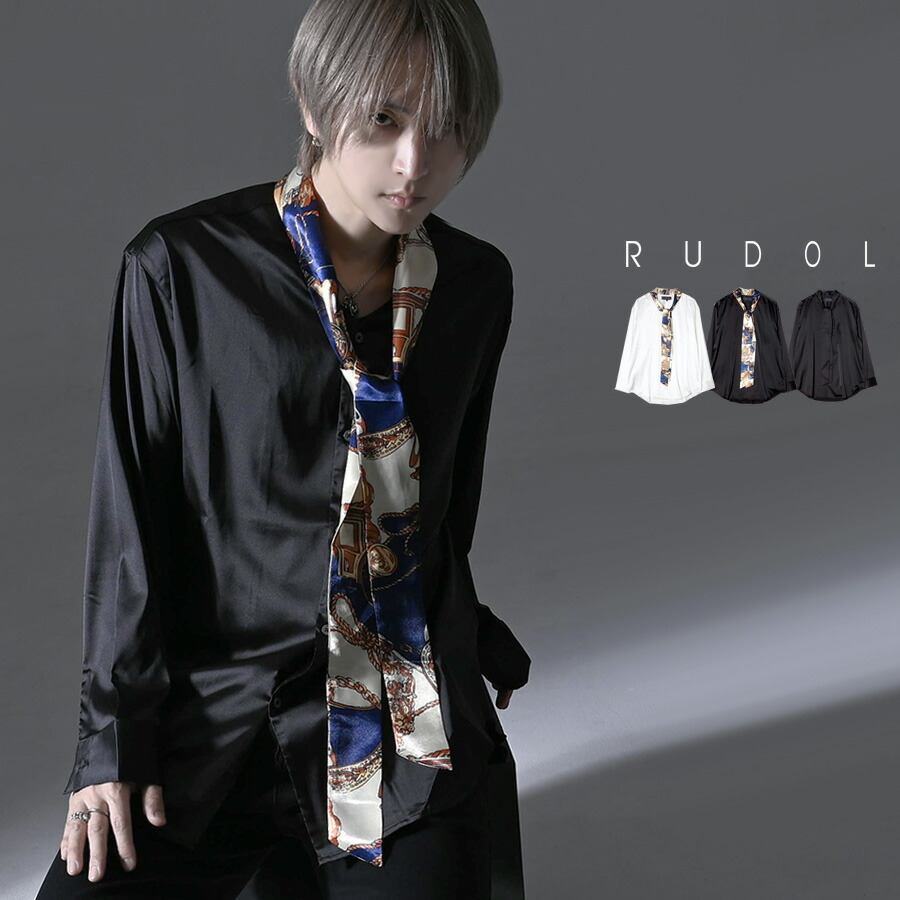 \"RUDOL【ルドル】スカーフボウタイカラーシルクライクシャツ/全3色\""タイ シルクライク プルオーバー えり巻き 総柄 流行り物系 鍵を掛ける お召しもの メンズ 長袖プルオーバー 進行係り系 V系 視覚性系 気が大きい大きさ 黒いこと 黒 白いこと 白 y2k vkei"