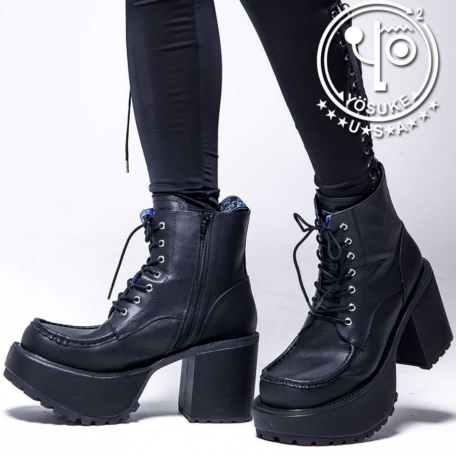 使いやすい黒 ✞YOSUKE✞ パンク系厚底ショートブーツ 黒 EVAソール 直営SHOP限定厚底ショートブーツ】 （ブラックシルキー
