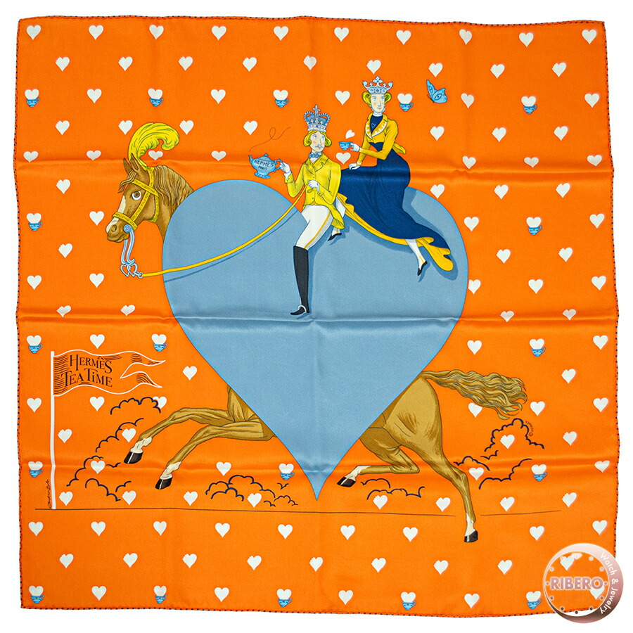 HERMES エルメス スカーフ カレ70 Tea Time ティータイム 943782S 2021AW ハート シルク オレンジ グレー【中古】
