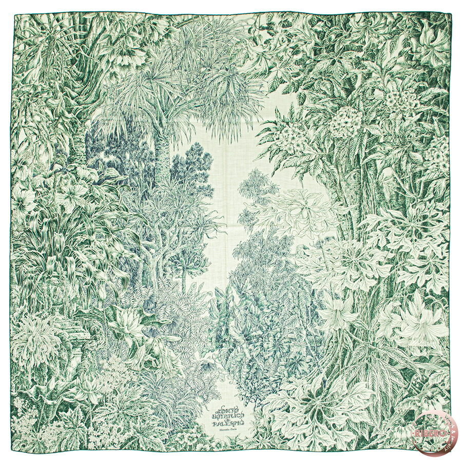 【百貨店SALE】HERMES エルメス えり巻き カレ140 カレジェアン All\u0027Orto Botanico di Palermo パレルモの草木園にて 244121S 05 膝掛け 袈裟 2024AW カシミール 絹地 緑であること ベージュ【中古】